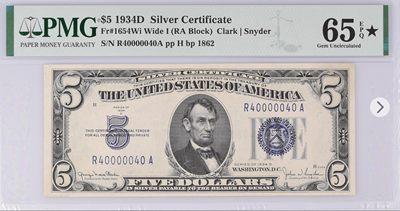 收藏联盟Quantum Auction 第185期拍卖 - 美国1934年5美元银币券 PMG65加星 扁担号码自带狮子号0000