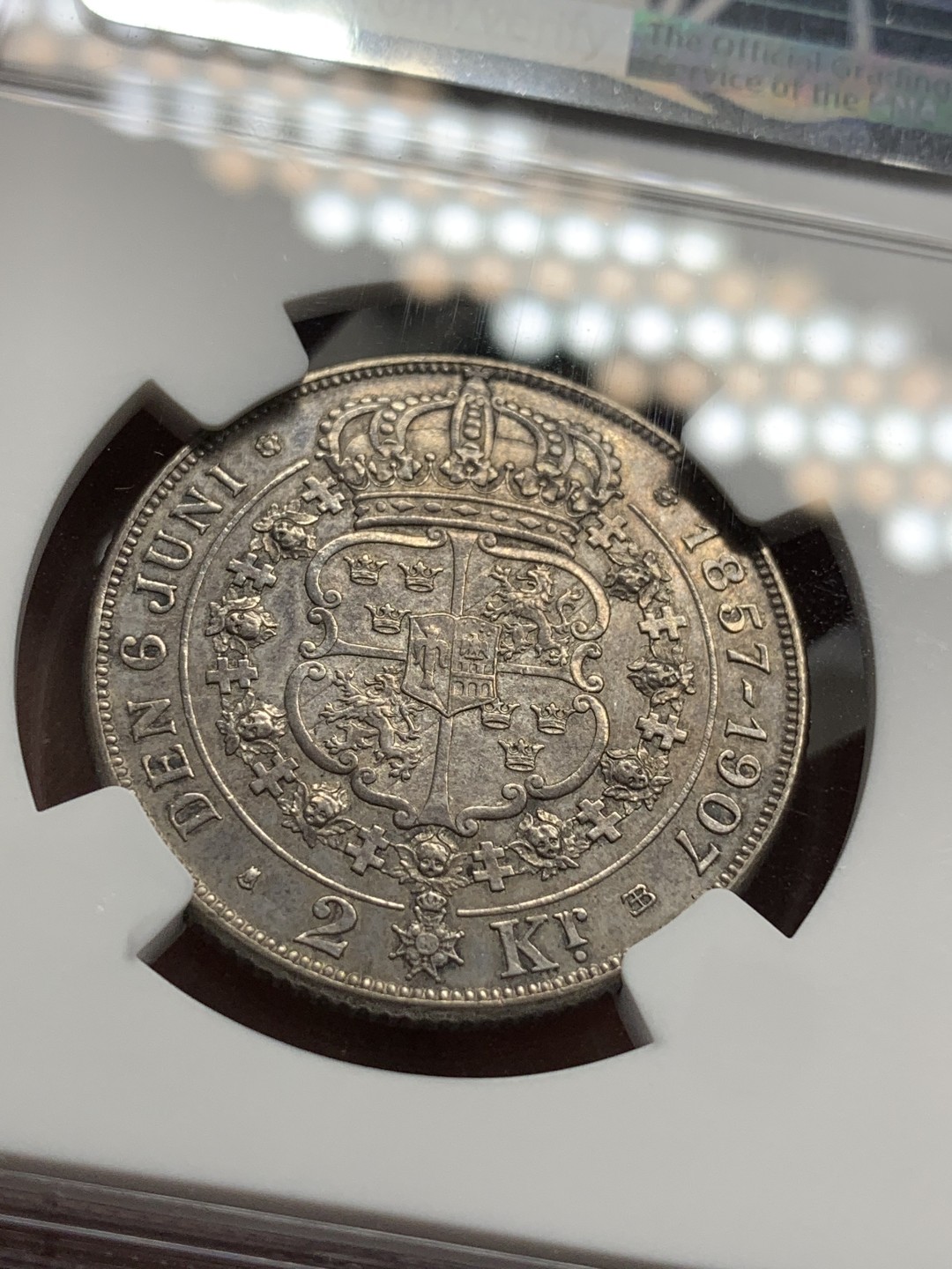 《竞宝斋》第85场-本周日，周一2场连拍（全场不限金额包邮） NGC AUD1907年瑞典国王奥斯卡二世结婚纪念2克朗银币 细节锐利