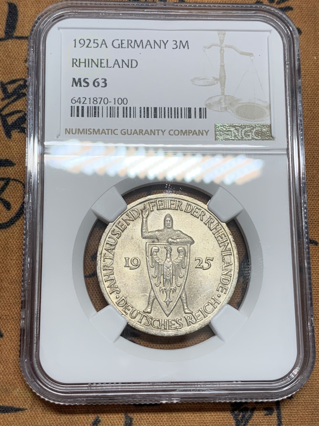 《竞宝斋》第85场-本周日，周一2场连拍（全场不限金额包邮） NGC-MS63 魏玛德国1925年莱茵千年3马克银币