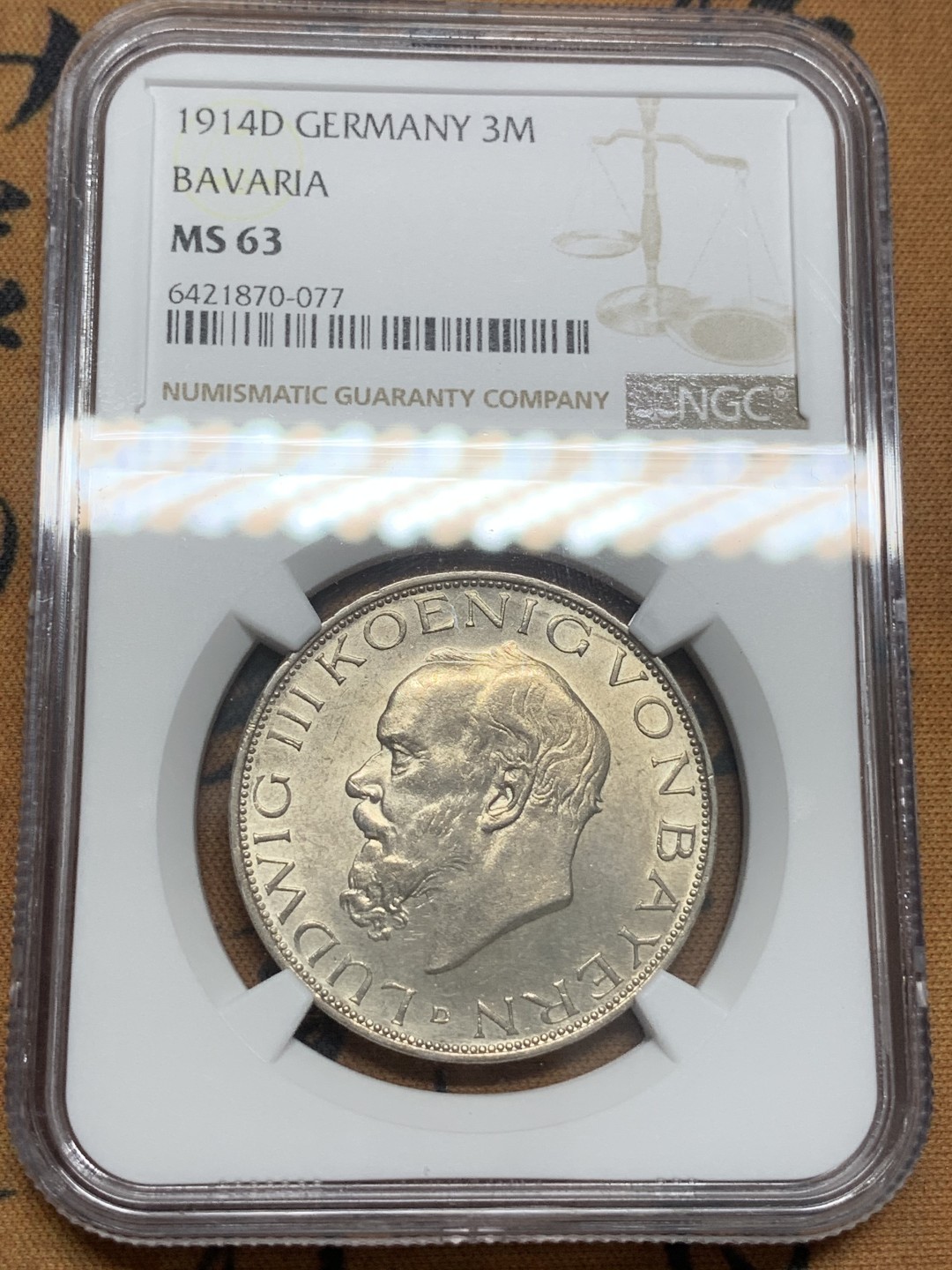 《竞宝斋》第85场-本周日，周一2场连拍（全场不限金额包邮） NGC-MS63 德国巴伐利亚1914年路德维希三世3马克银币 少见品种