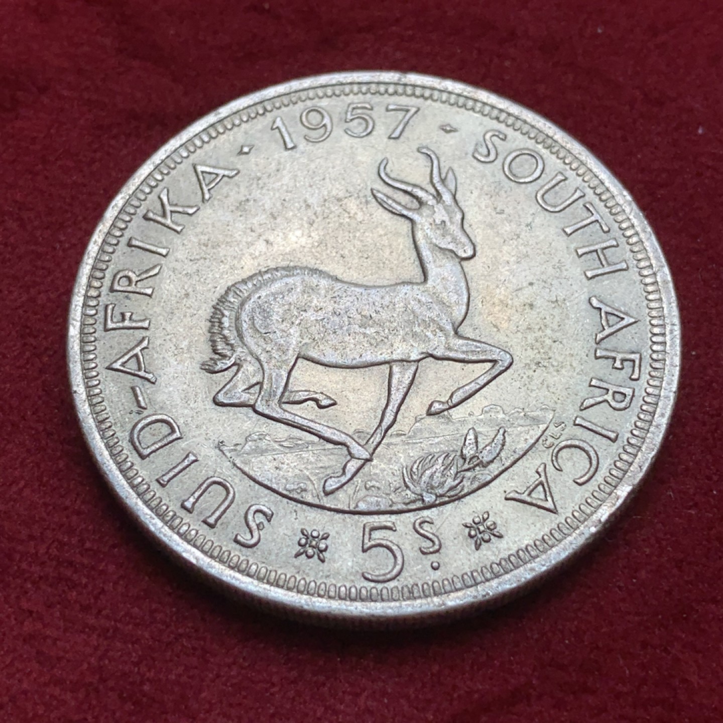 《竞宝斋》第85场-本周日，周一2场连拍（全场不限金额包邮） 1957年 南非 伊丽莎白二世 跳羚1克朗 银币