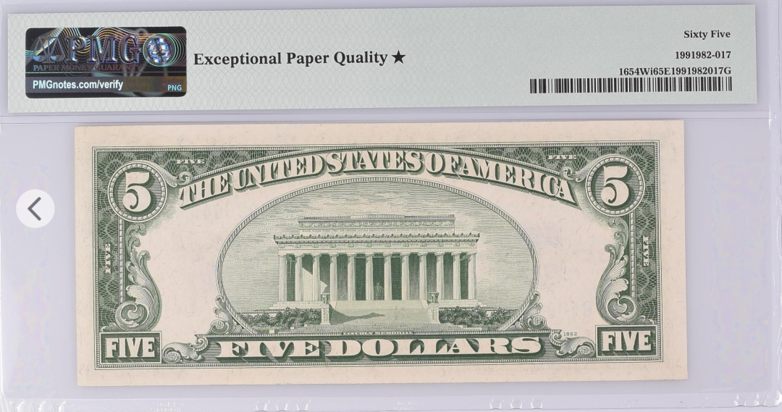 收藏联盟Quantum Auction 第185期拍卖 美国1934年5美元银币券 PMG65加星 扁担号码自带狮子号0000