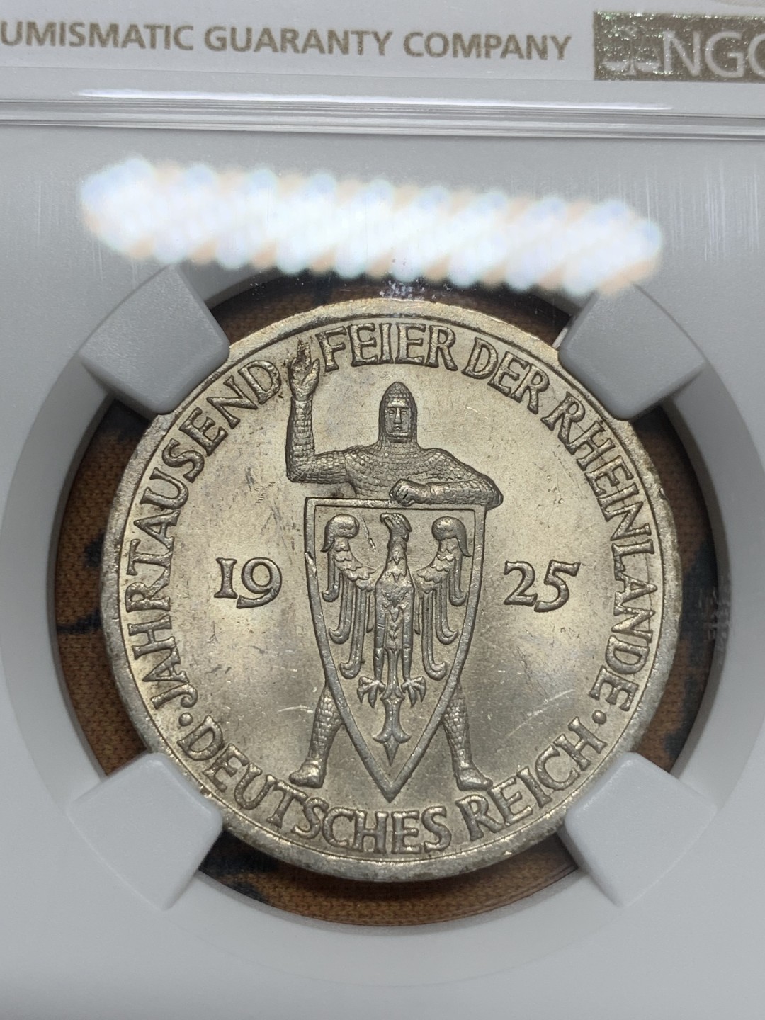 《竞宝斋》第85场-本周日，周一2场连拍（全场不限金额包邮） NGC-MS63 魏玛德国1925年莱茵千年3马克银币