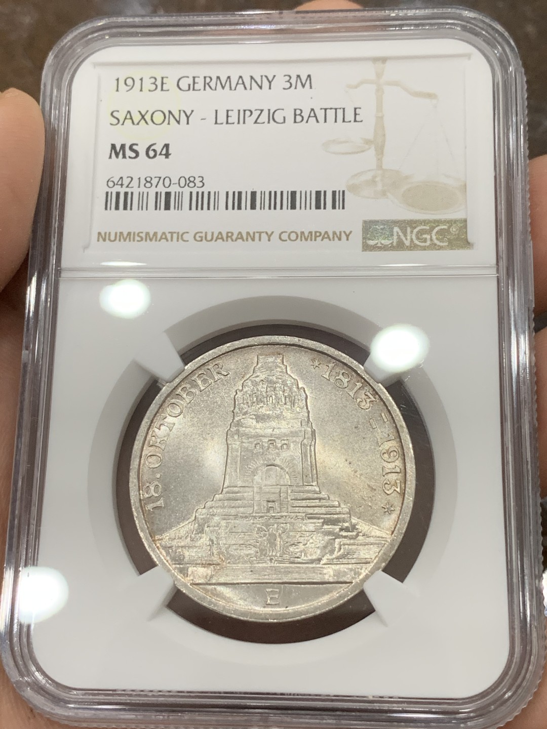 《竞宝斋》第85场-本周日，周一2场连拍（全场不限金额包邮） NGC-MS64 德国萨克森1913年莱比锡战役纪念3马克银币