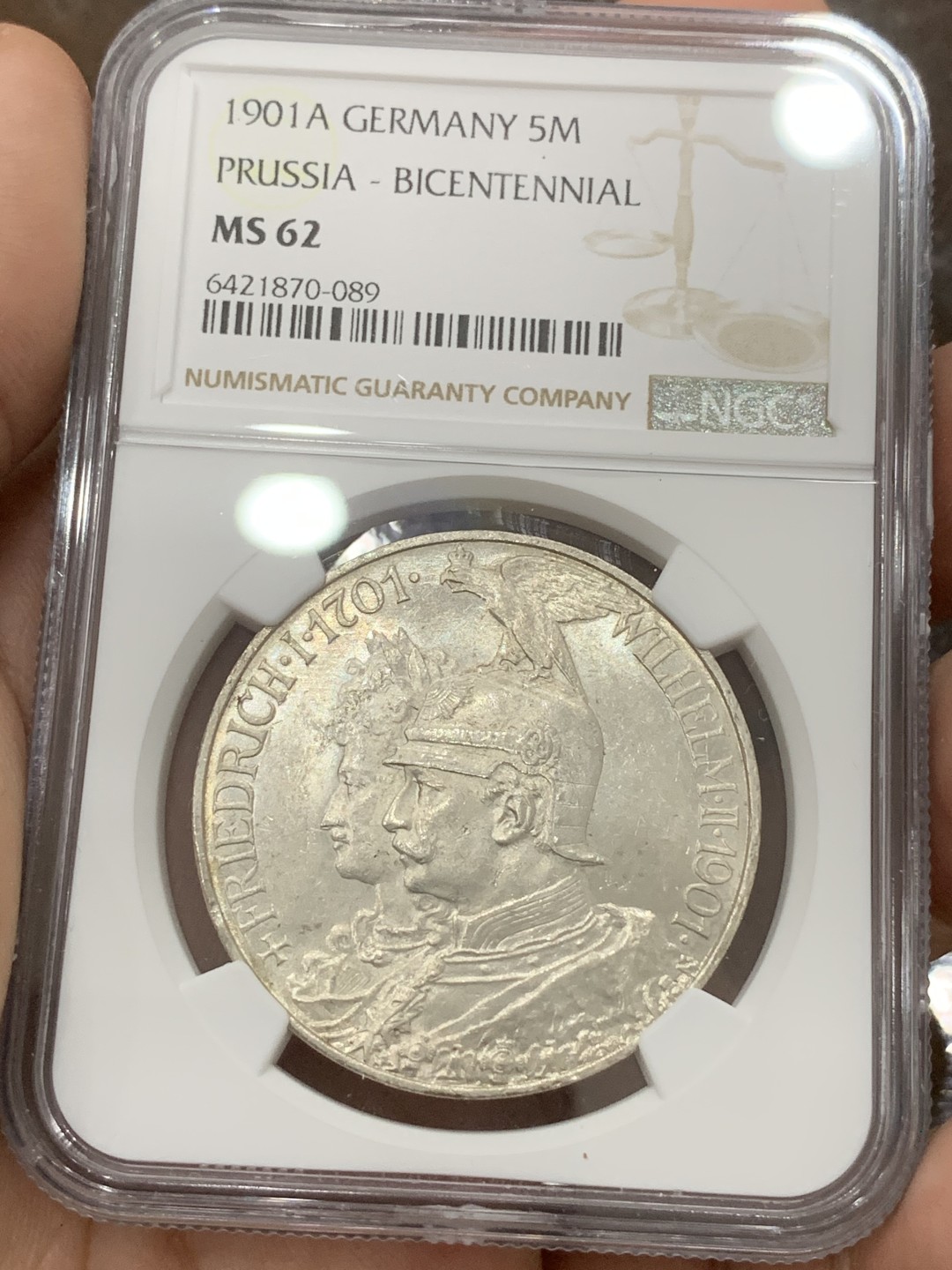 《竞宝斋》第85场-本周日，周一2场连拍（全场不限金额包邮） NGC-MS62 德国普鲁士1901年建国200周年纪念5马克大银币