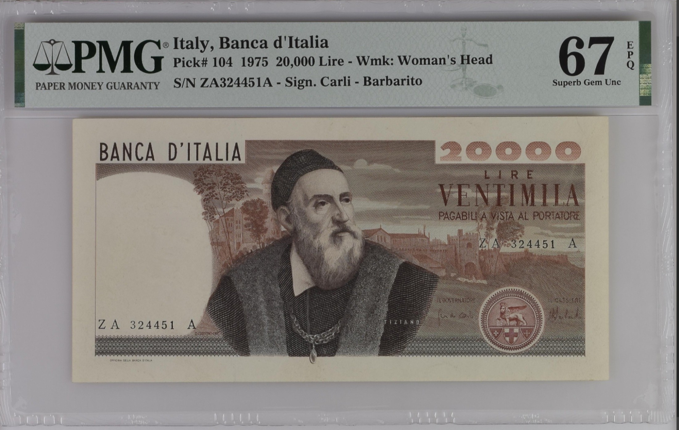 收藏联盟Quantum Auction 第185期拍卖 意大利1975年20000里拉 PMG67 冠军分且首发冠 提香与《天上的爱与人间的爱》