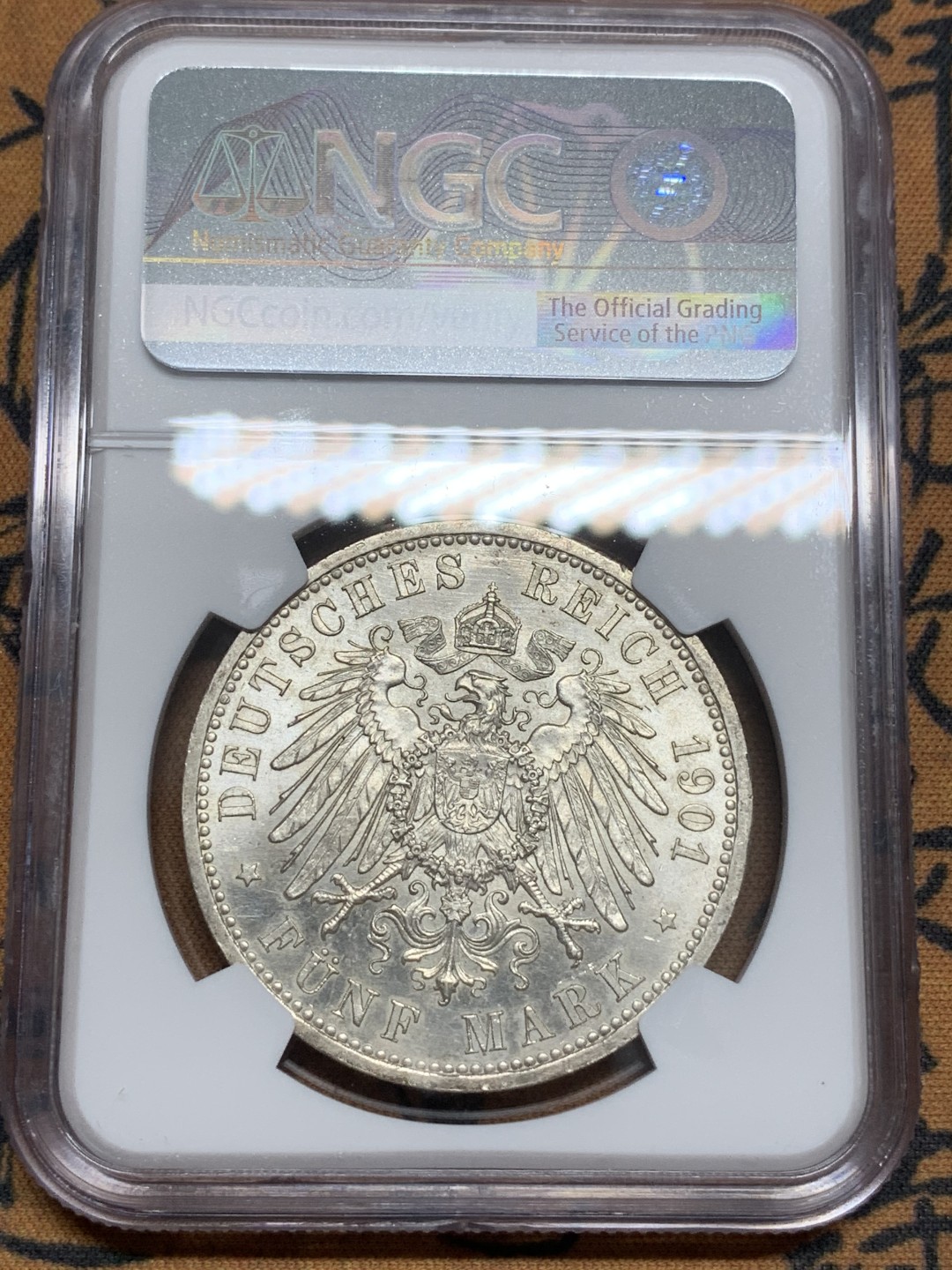 《竞宝斋》第85场-本周日，周一2场连拍（全场不限金额包邮） NGC-MS62 德国普鲁士1901年建国200周年纪念5马克大银币