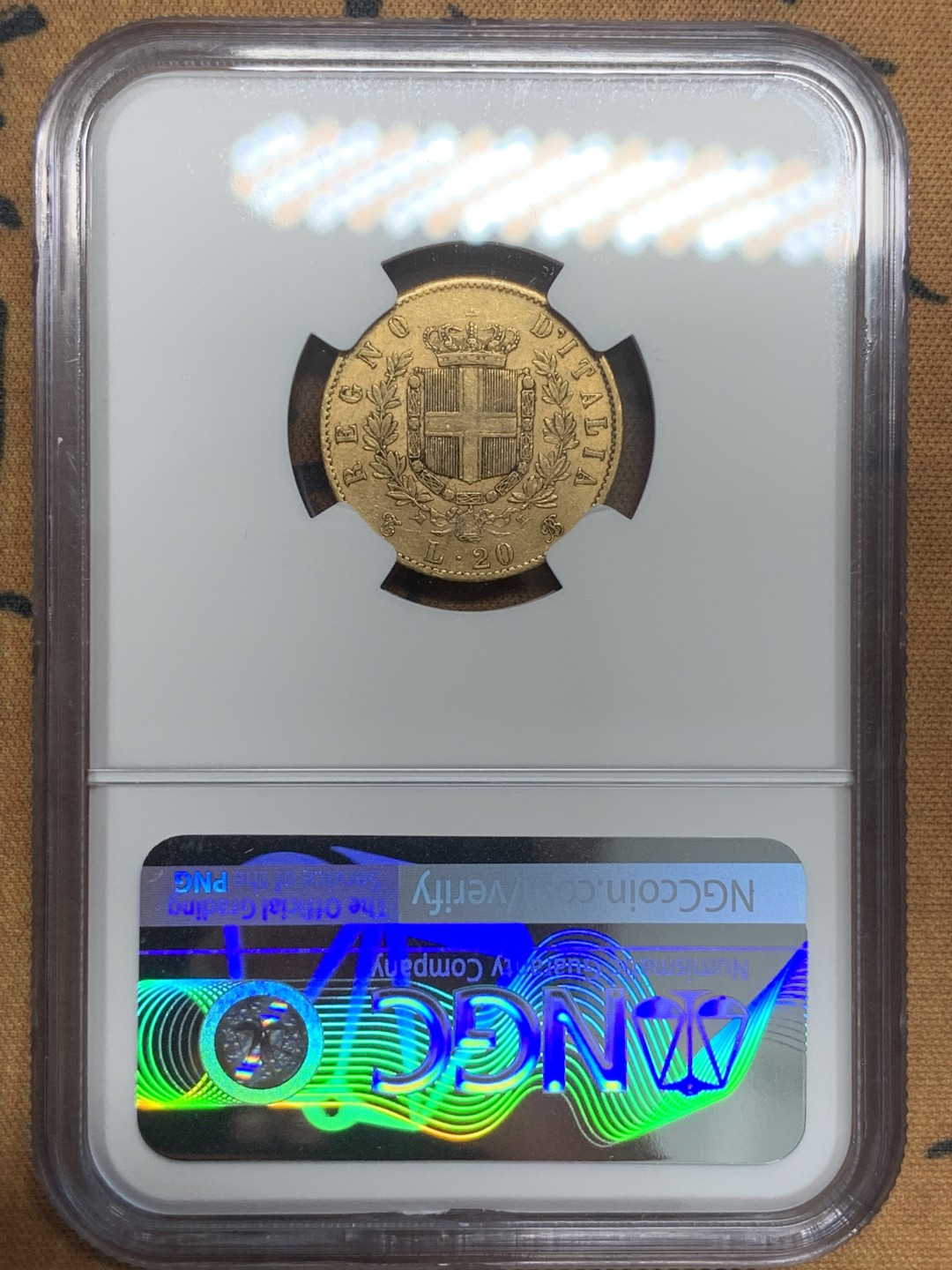 《竞宝斋》第85场-本周日，周一2场连拍（全场不限金额包邮） NGC-AU58 意大利 1867年 艾曼纽尔二世 20里拉金币 原光好品 少见品种 