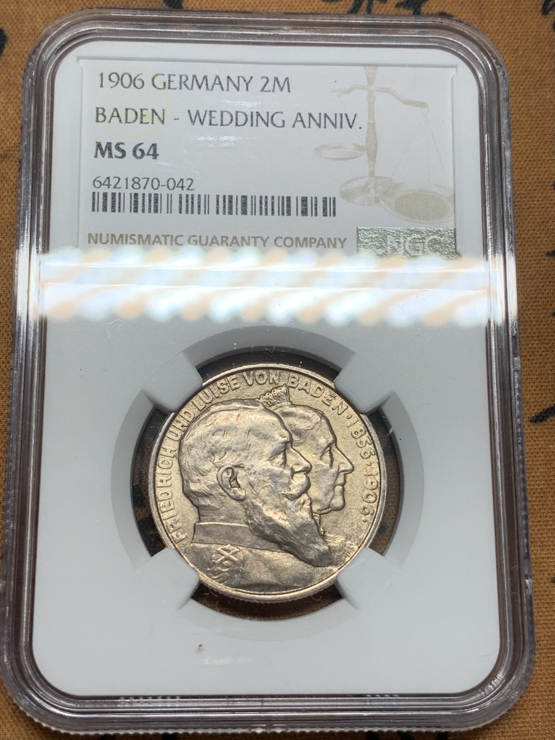 《竞宝斋》第85场-本周日，周一2场连拍（全场不限金额包邮） NGC-MS64 德国巴登1906年金婚纪念2马克银币