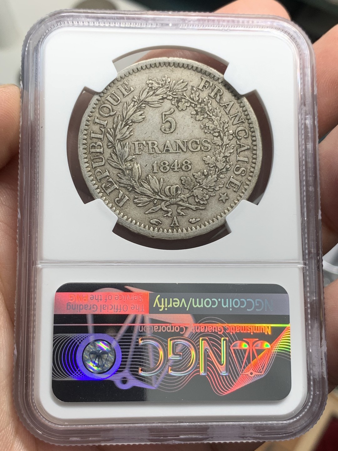 《竞宝斋》第85场-本周日，周一2场连拍（全场不限金额包邮） NGC-XF45 法国1848年 早期大力神5法郎大银币 有这个分数难得了