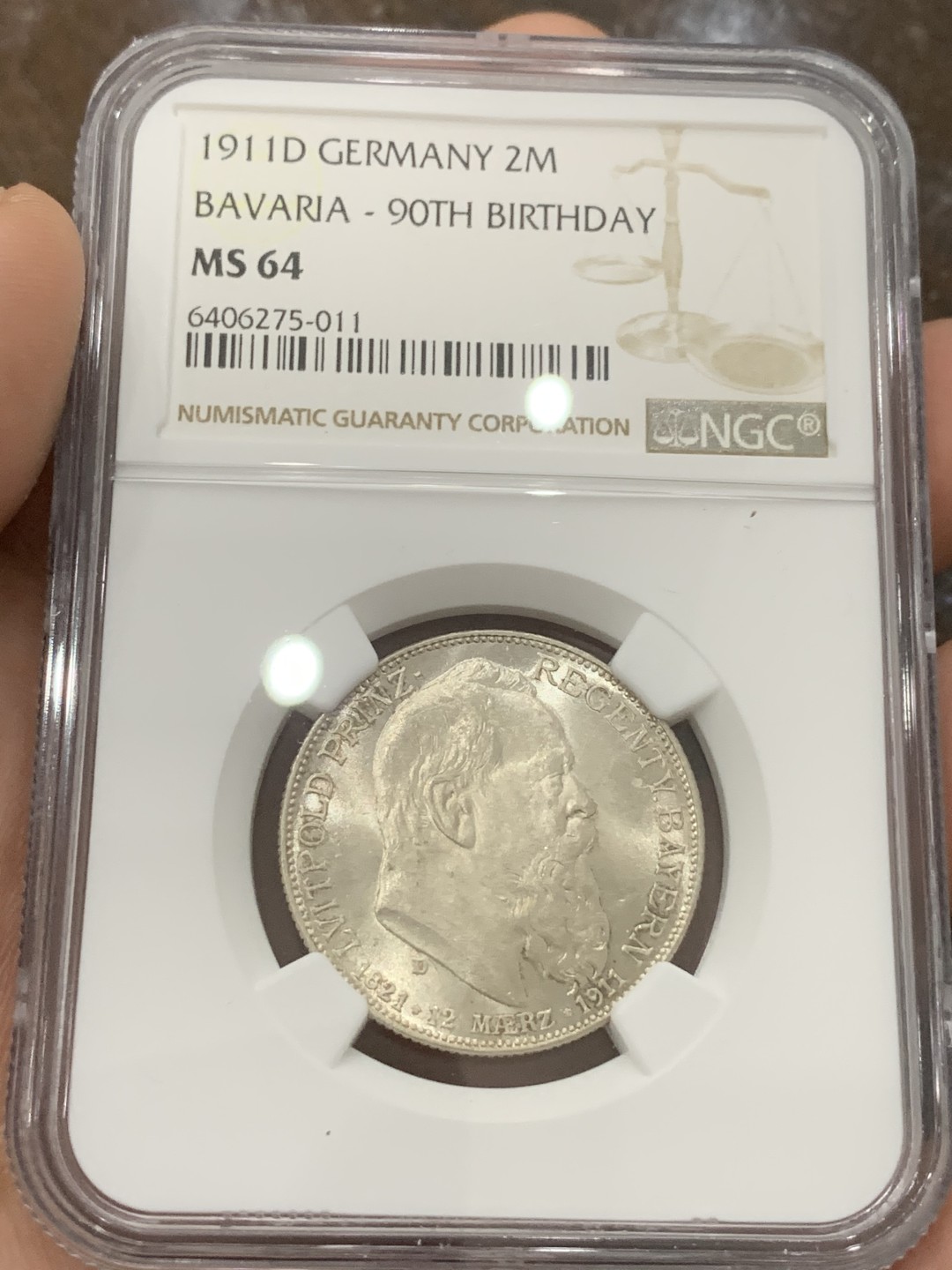 《竞宝斋》第85场-本周日，周一2场连拍（全场不限金额包邮） NGC-MS64 德国巴伐利亚1911年2马克银币