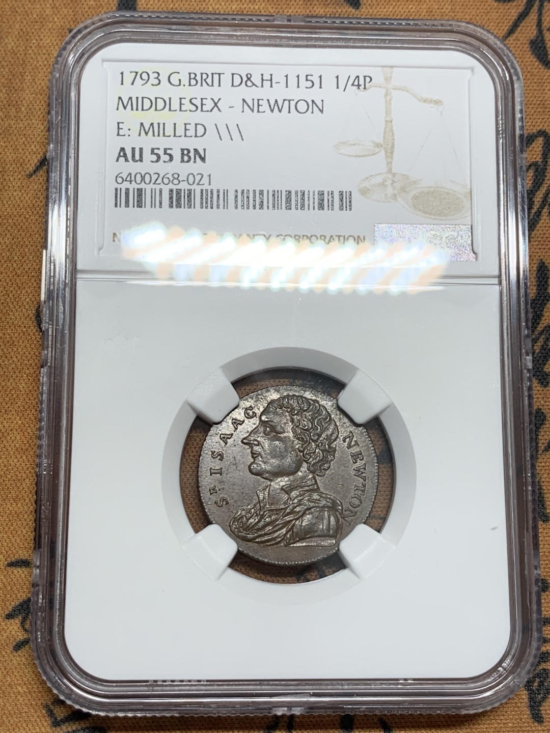 《竞宝斋》第85场-本周日，周一2场连拍（全场不限金额包邮） NGC-AU55 1793年英国1/4便士=1法新 铜代币  Newton 少见品