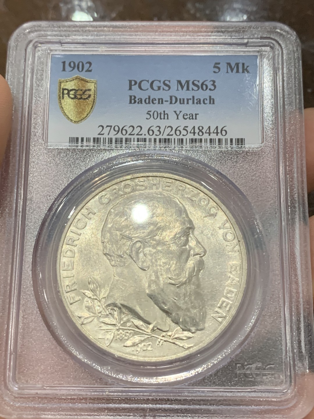 《竞宝斋》第85场-本周日，周一2场连拍（全场不限金额包邮） PCGS MS63 德国巴登1902年弗雷德里希执政50周年纪念5马克大银币