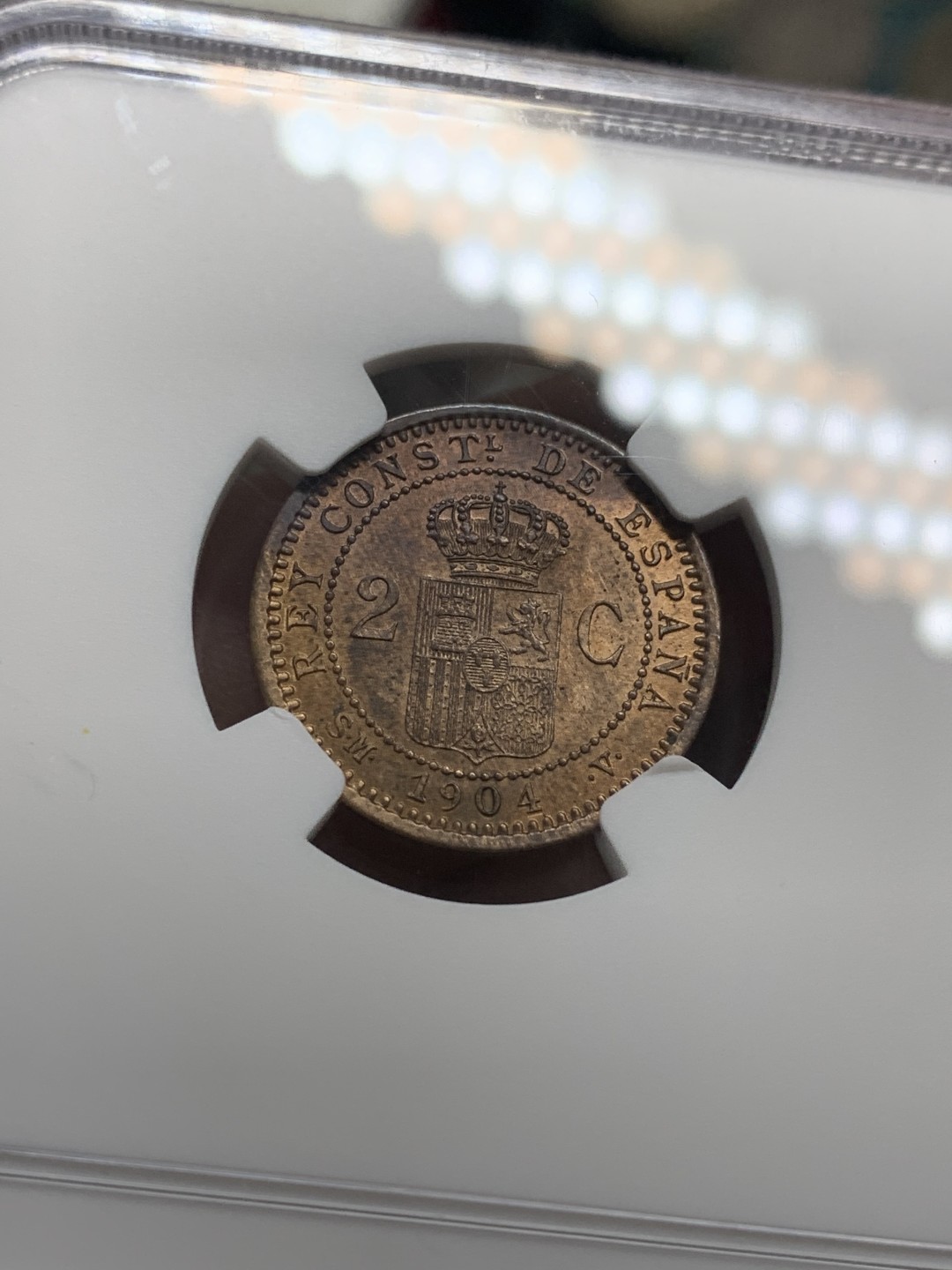 《竞宝斋》第85场-本周日，周一2场连拍（全场不限金额包邮） NGC-MS64 西班牙1904年 阿方索十三世 2分铜币 顶级分数 再高分的也就个位数了