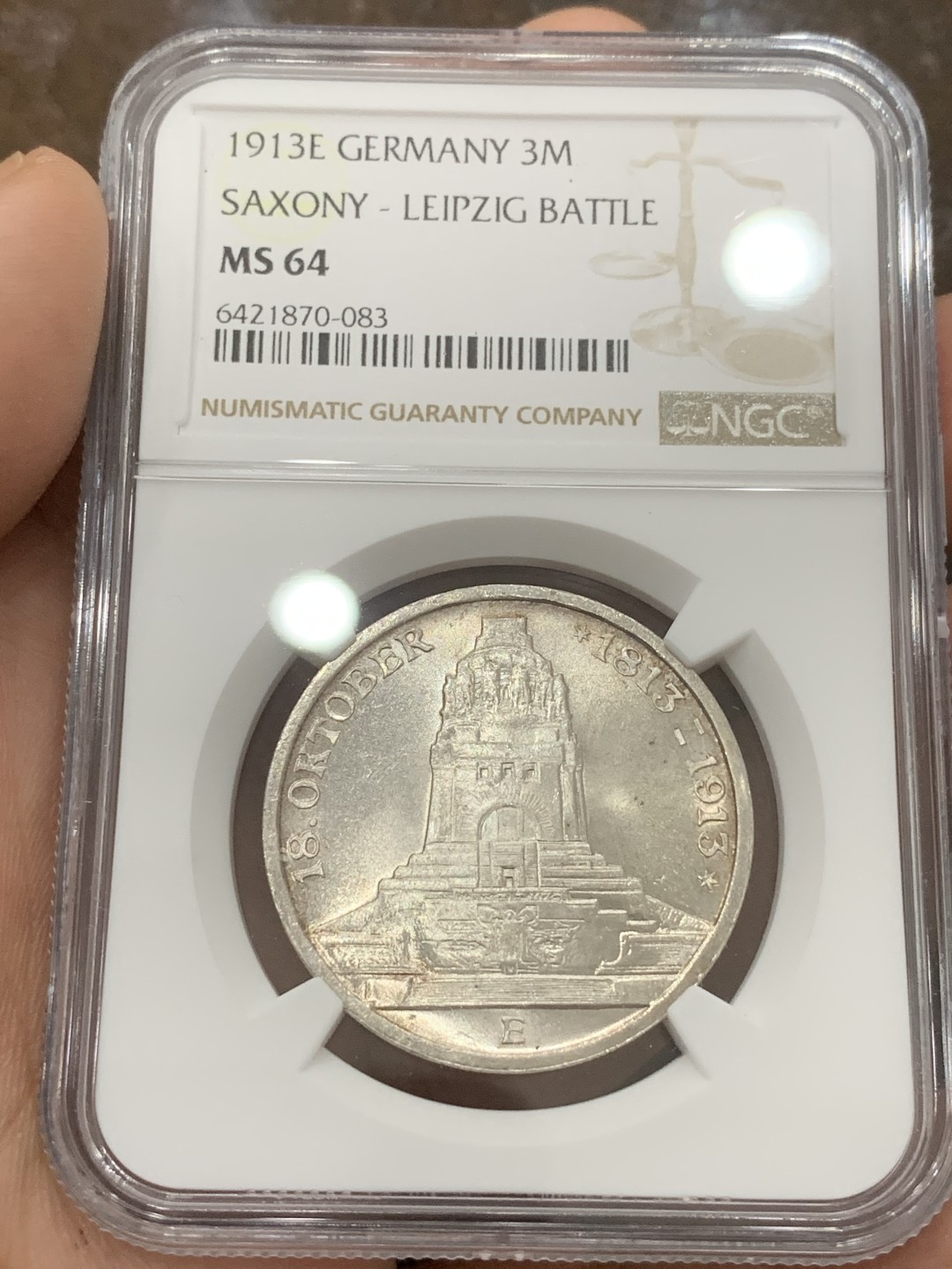 《竞宝斋》第85场-本周日，周一2场连拍（全场不限金额包邮） NGC-MS64 德国萨克森1913年莱比锡战役纪念3马克银币