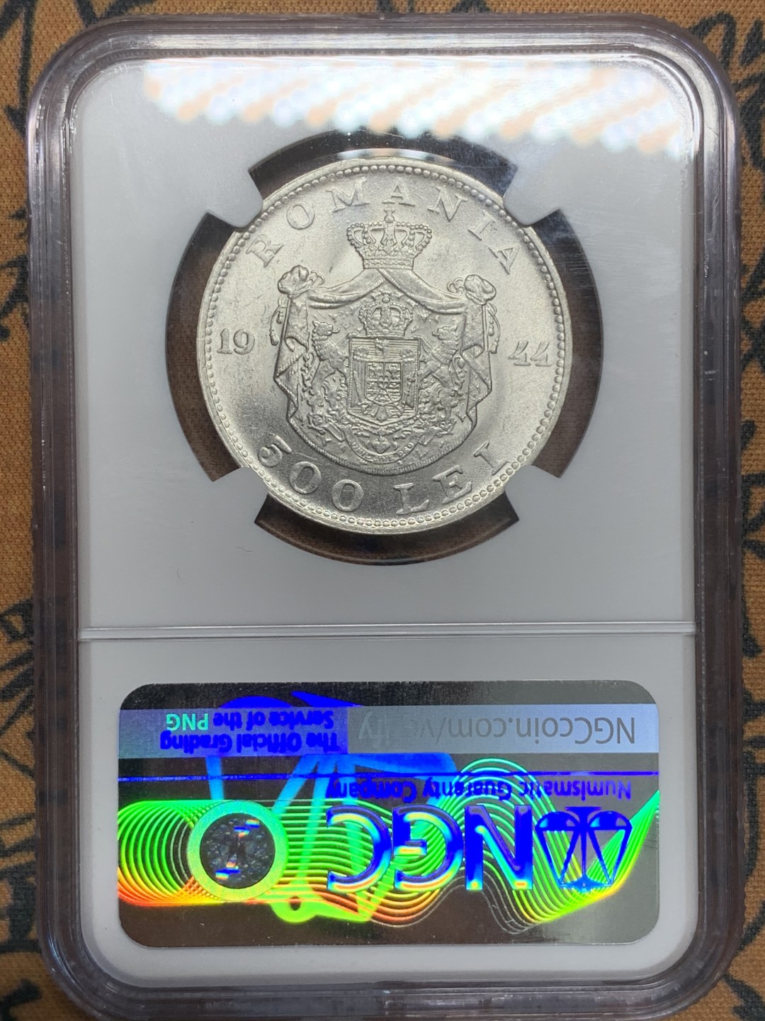 《竞宝斋》第85场-本周日，周一2场连拍（全场不限金额包邮） NGC-MS62 罗马尼亚 1944年 500列伊 银币 最近热门品种 有潜力