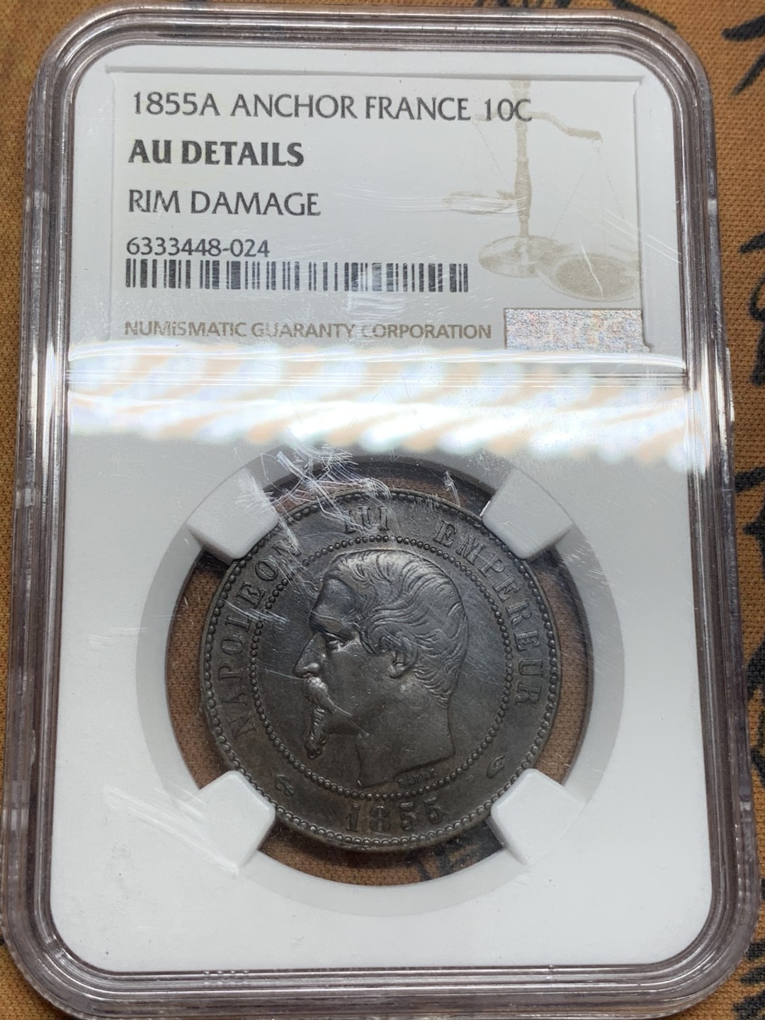 《竞宝斋》第85场-本周日，周一2场连拍（全场不限金额包邮） NGC-AUD  法国 1855年A 拿破仑三世 10分铜币 古铜色原味老包浆