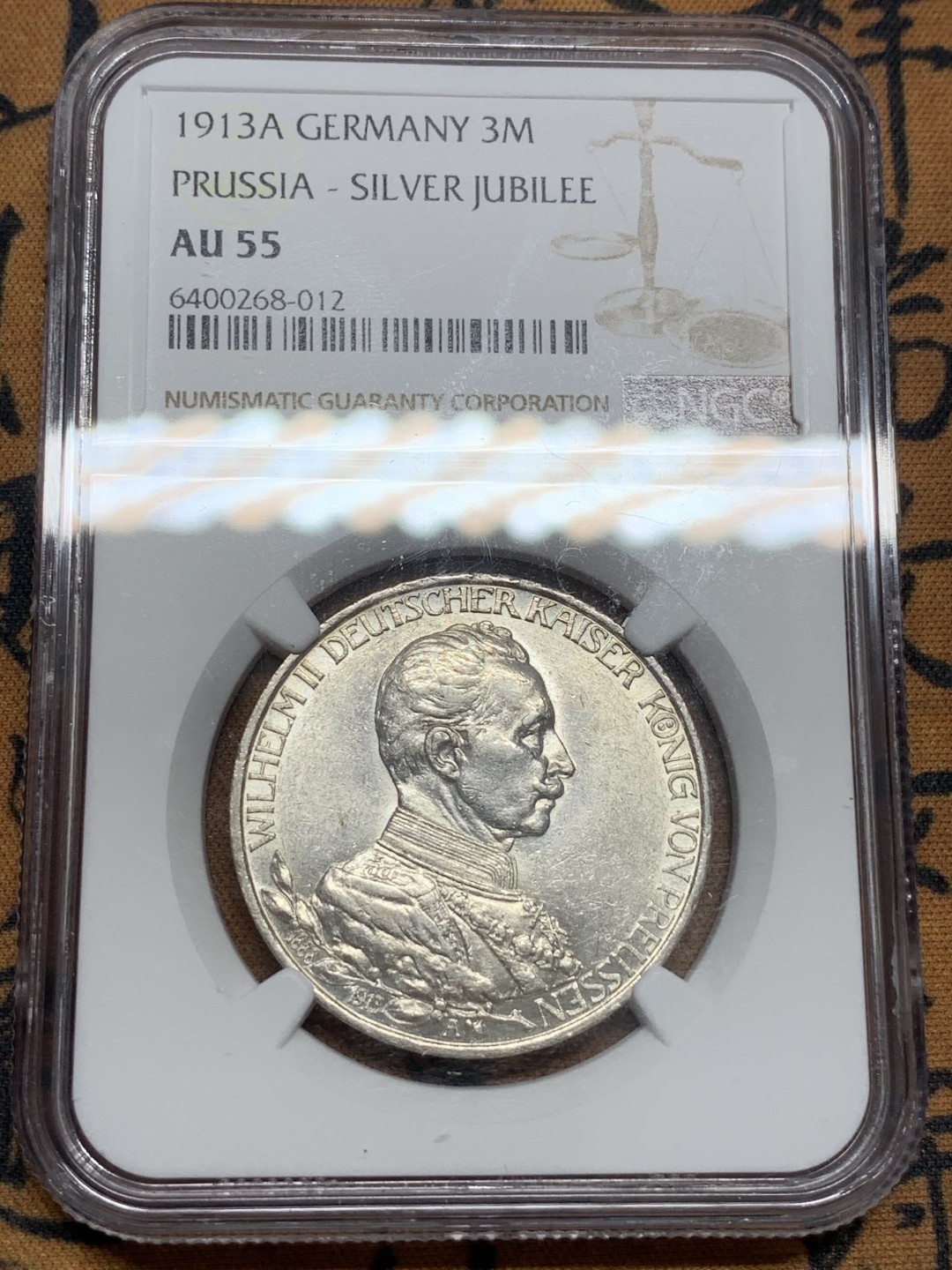 《竞宝斋》第85场-本周日，周一2场连拍（全场不限金额包邮） NGC-AU55 1913年 普鲁士 3马克 银币