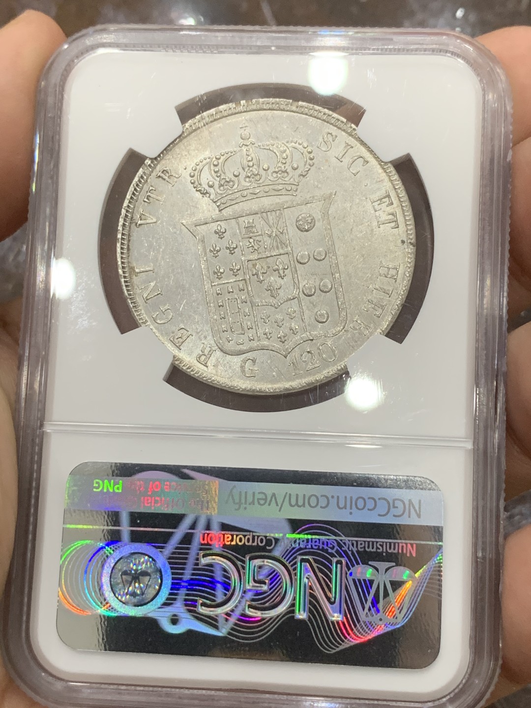 《竞宝斋》第85场-本周日，周一2场连拍（全场不限金额包邮） NGC-MS62 第二名 意大利那不勒斯1846年青年头120G，稀少版本，季军分。原银光很漂亮，边铭深打，无弱打少减重痕，状态极佳，比老年头少很多！