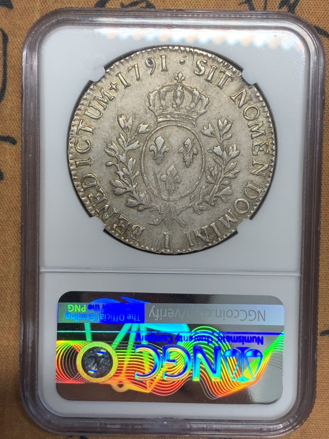 《竞宝斋》第85场-本周日，周一2场连拍（全场不限金额包邮） NGC-AU53 法国1791-I年 里摩日厂 路易十六ECU 大银币 金光淡彩 非常漂亮