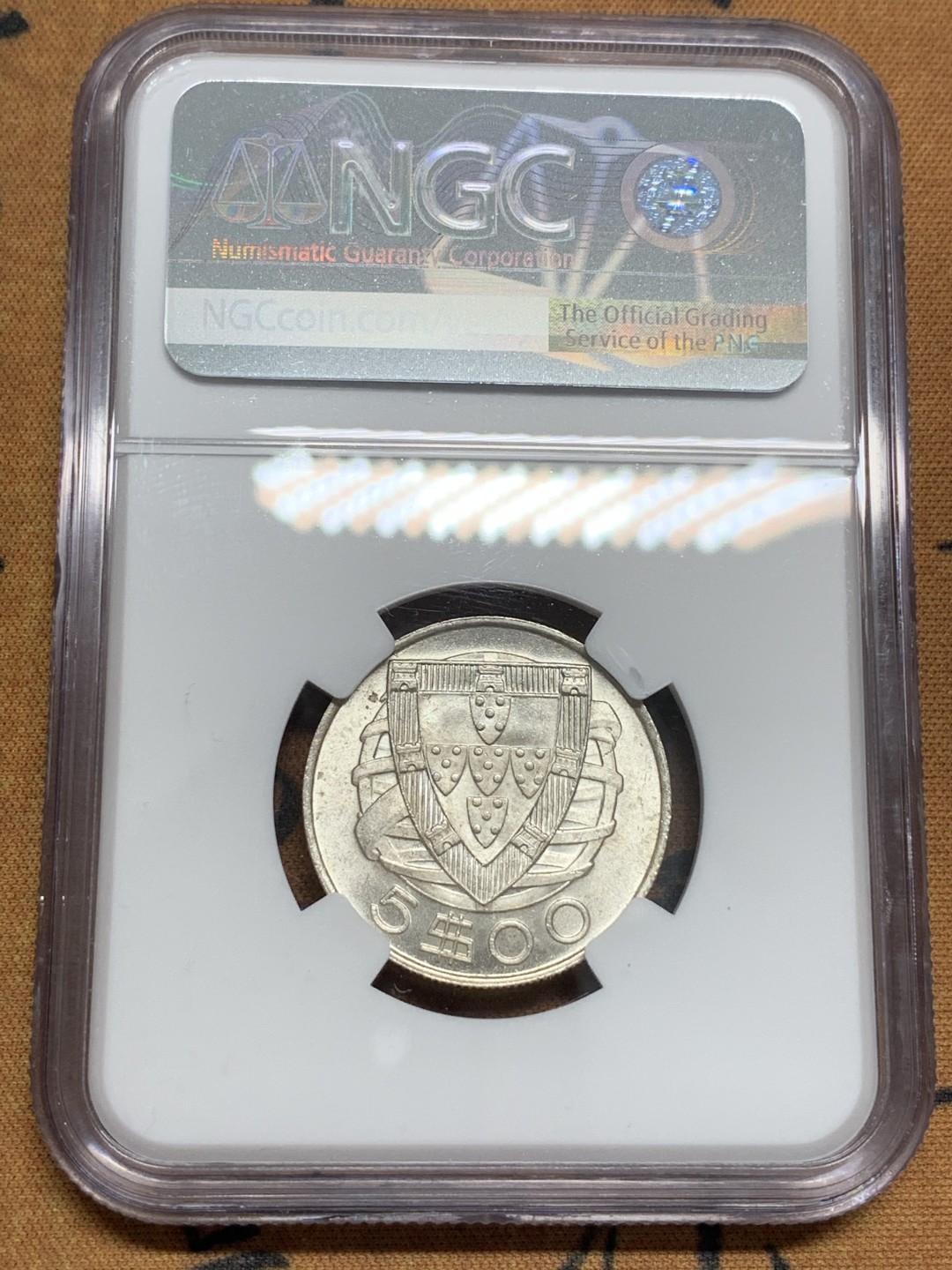 《竞宝斋》第85场-本周日，周一2场连拍（全场不限金额包邮） NGC-MS64 葡萄牙1951年 大帆船 5埃斯库多银币 原光好品 顶级分数