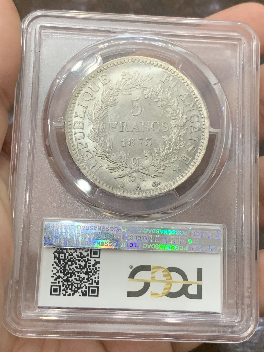 《竞宝斋》第85场-本周日，周一2场连拍（全场不限金额包邮） PCGS-MS64法国1873年大力神5法郎，镜面底板，车轮转光，状态极佳。法系主币，热门上涨品种。