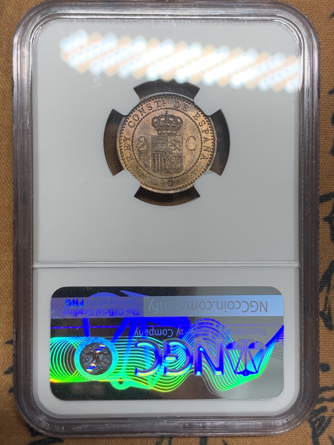 《竞宝斋》第85场-本周日，周一2场连拍（全场不限金额包邮） NGC-MS64 西班牙1904年 阿方索十三世 2分铜币 顶级分数 再高分的也就个位数了