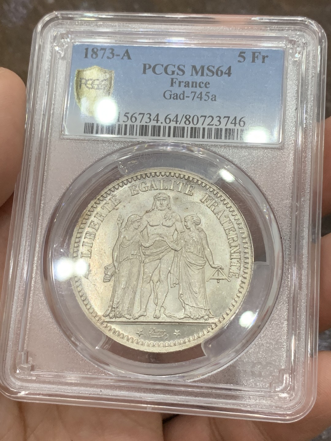 《竞宝斋》第85场-本周日，周一2场连拍（全场不限金额包邮） PCGS-MS64法国1873年大力神5法郎，镜面底板，车轮转光，状态极佳。法系主币，热门上涨品种。