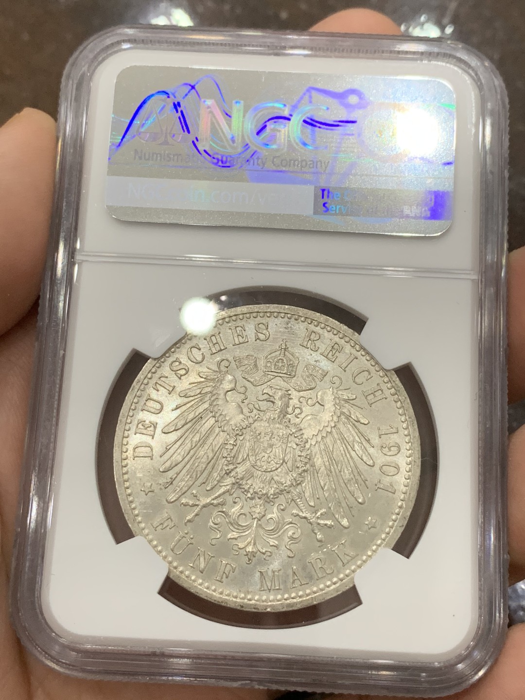 《竞宝斋》第85场-本周日，周一2场连拍（全场不限金额包邮） NGC-MS62 德国普鲁士1901年建国200周年纪念5马克大银币