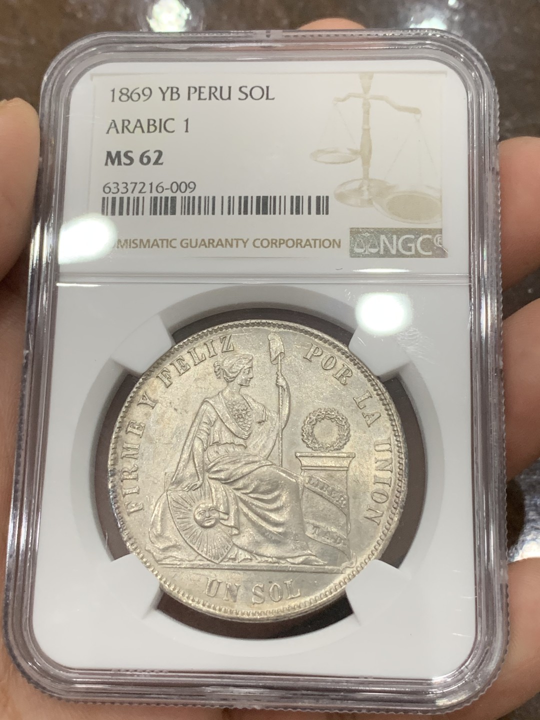 《竞宝斋》第85场-本周日，周一2场连拍（全场不限金额包邮） NGC MS62 秘鲁1869年坐人女神1SOL大银币阿拉伯1字版