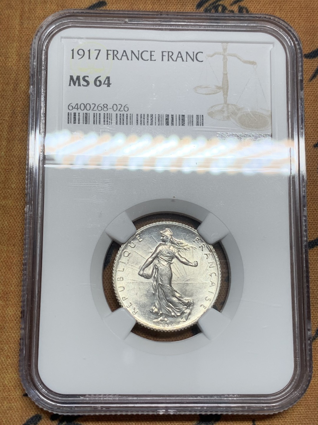 《竞宝斋》第85场-本周日，周一2场连拍（全场不限金额包邮） NGC MS64 法国 1917年 播种1法郎 银币