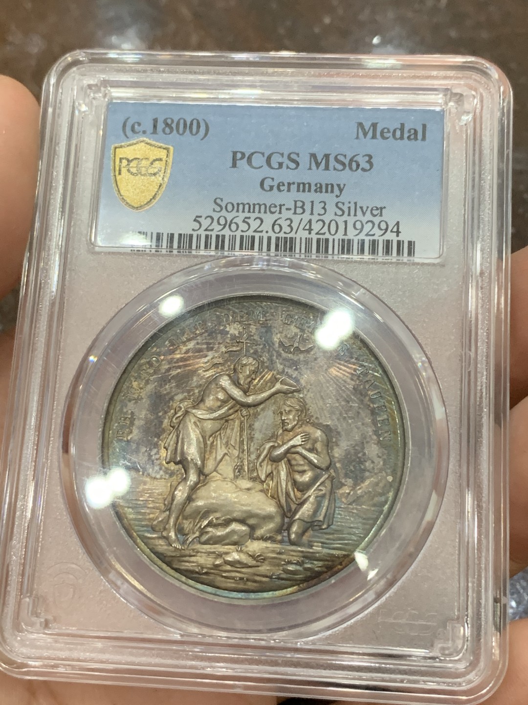 《竞宝斋》第85场-本周日，周一2场连拍（全场不限金额包邮） PCGS MS63 德国 普鲁士 1800年左右 洗礼 银章 少见品种