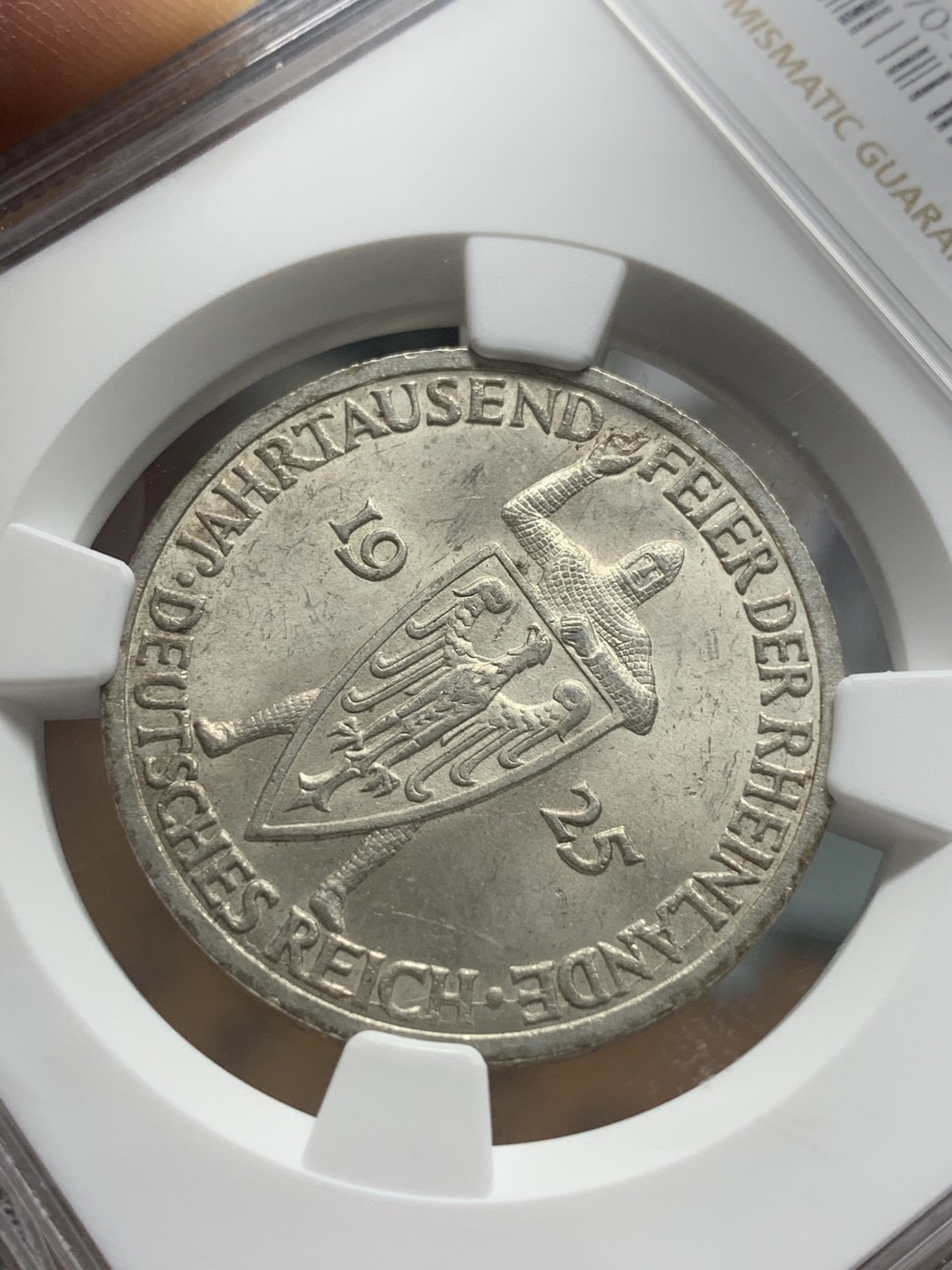 《竞宝斋》第85场-本周日，周一2场连拍（全场不限金额包邮） NGC-MS63 魏玛德国1925年莱茵千年3马克银币