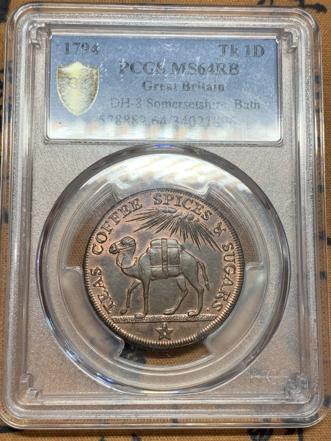 《竞宝斋》第85场-本周日，周一2场连拍（全场不限金额包邮） PCGS-MS64RB 1794 英国萨默塞特郡.巴斯1便士代币   金红棕色包浆