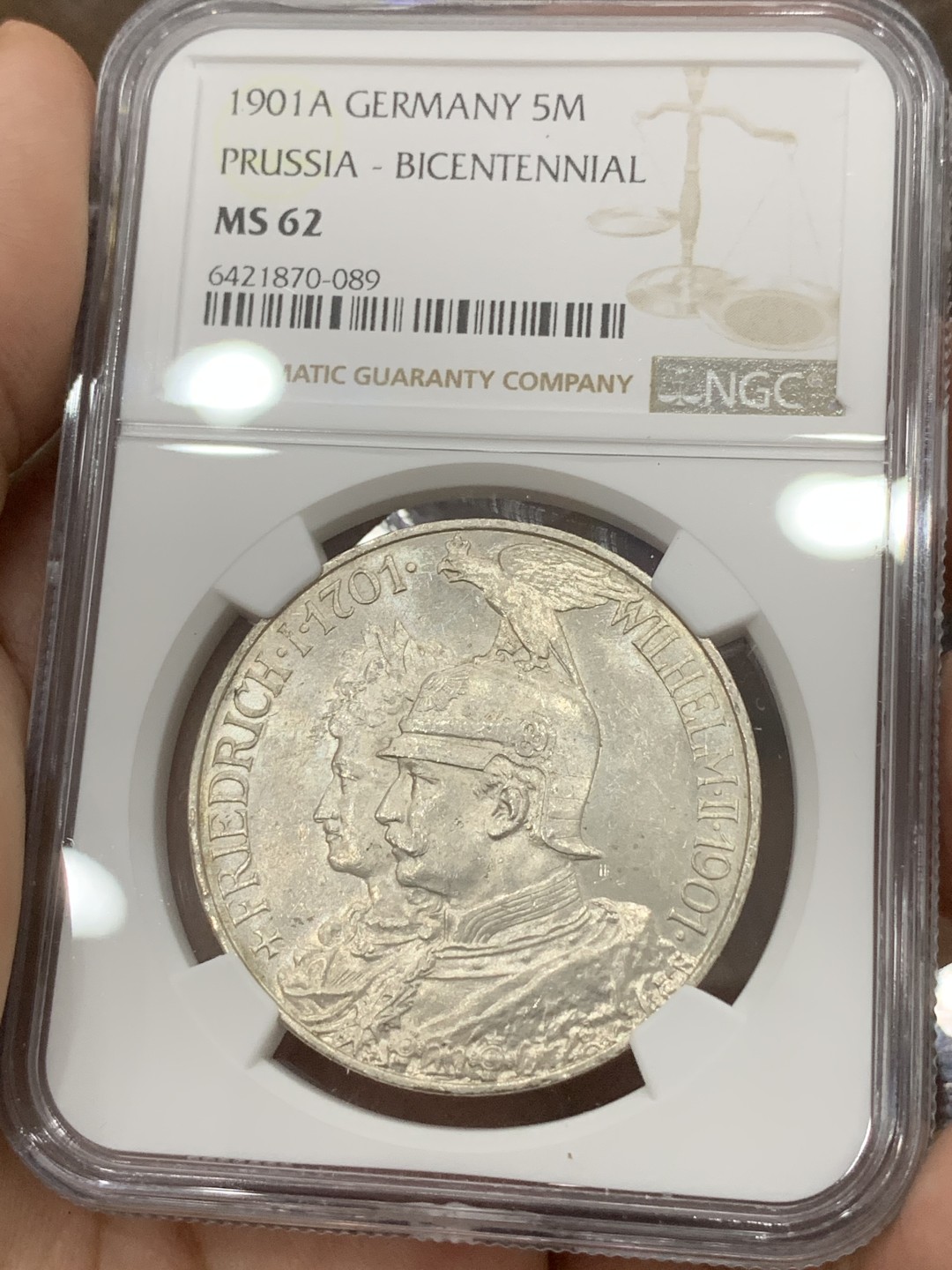 《竞宝斋》第85场-本周日，周一2场连拍（全场不限金额包邮） NGC-MS62 德国普鲁士1901年建国200周年纪念5马克大银币