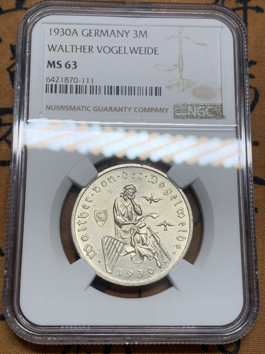 《竞宝斋》第85场-本周日，周一2场连拍（全场不限金额包邮） NGC-MS63 魏玛德国1930年游吟诗人3马克纪念银币