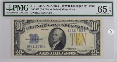 收藏联盟Quantum Auction 第185期拍卖 - 美国1934年10美元银币券 PMG65 北非券黄色库印 二战紧急发行