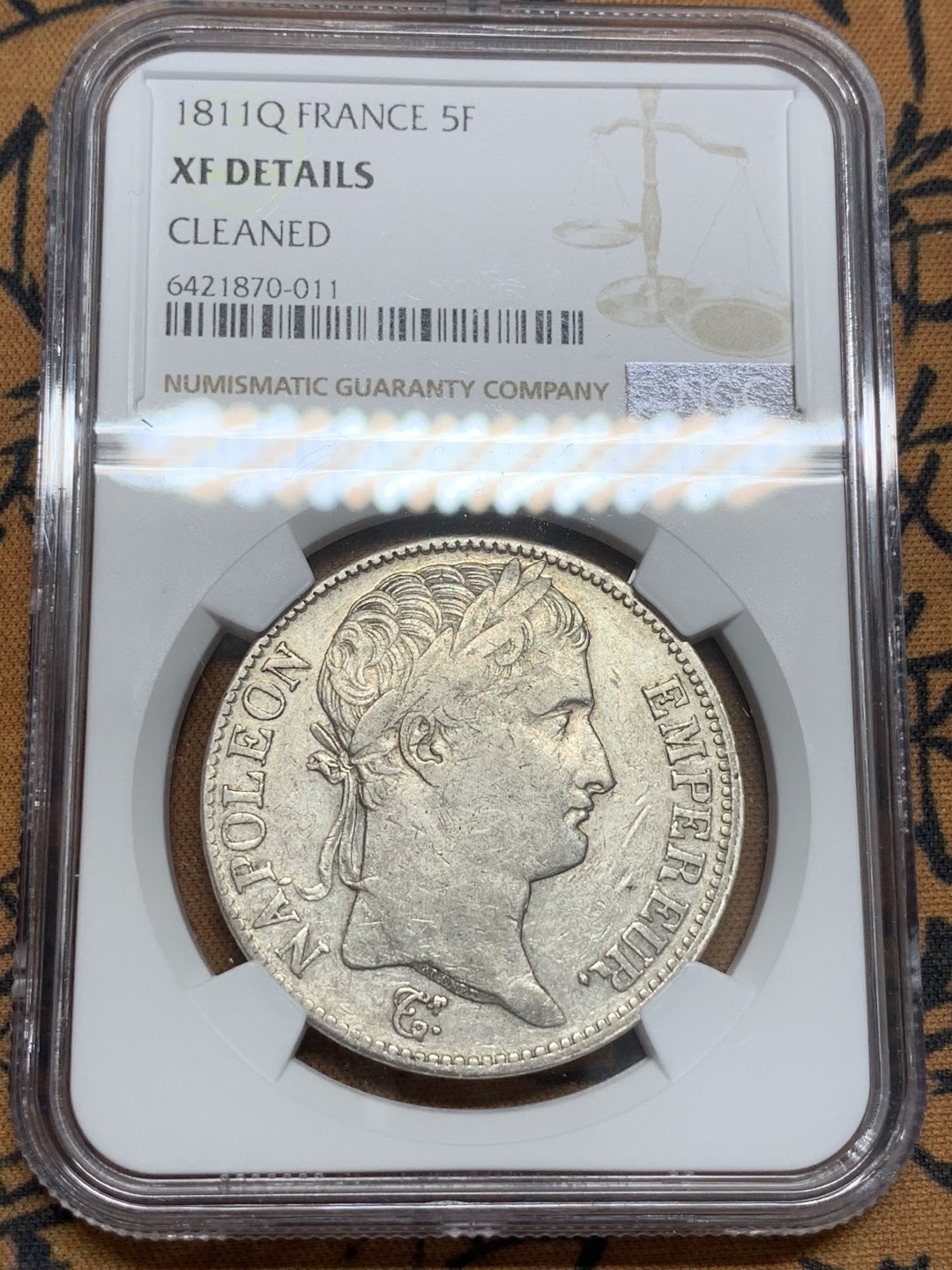 《竞宝斋》第85场-本周日，周一2场连拍（全场不限金额包邮） NGC-XFD少见Q版 法国1811年拿破仑一世5法郎大银币 