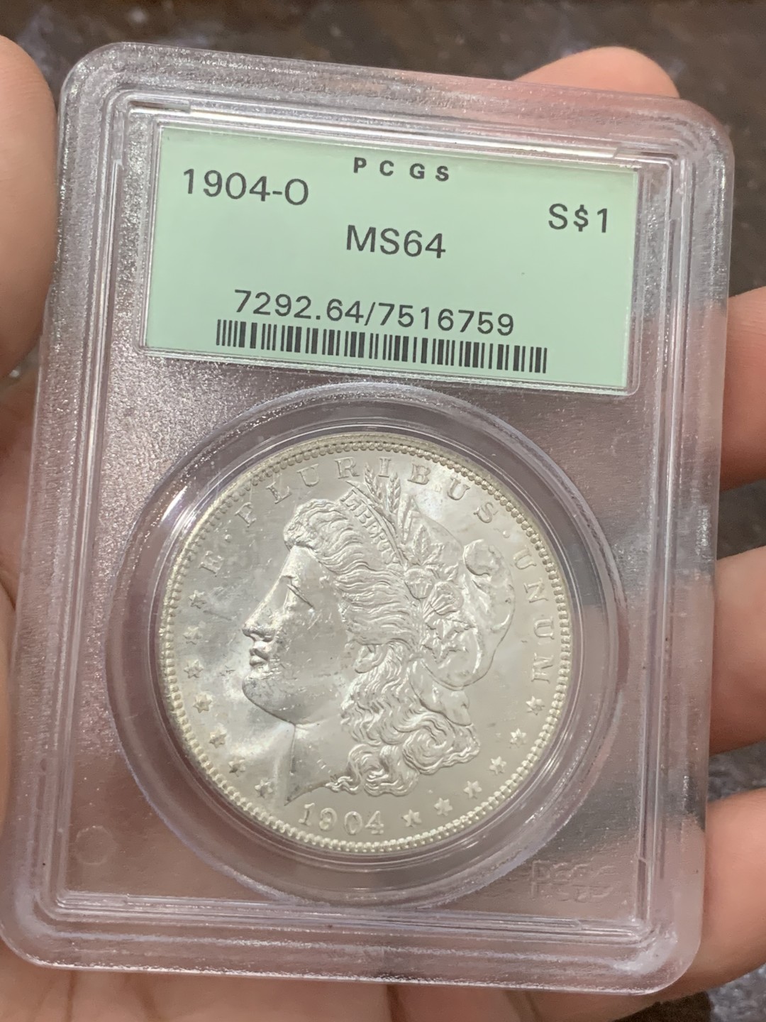 《竞宝斋》第85场-本周日，周一2场连拍（全场不限金额包邮） PCGS MS64 老盒绿标 美国 1904年 O版摩根银币  转光强品相，经典绿盒