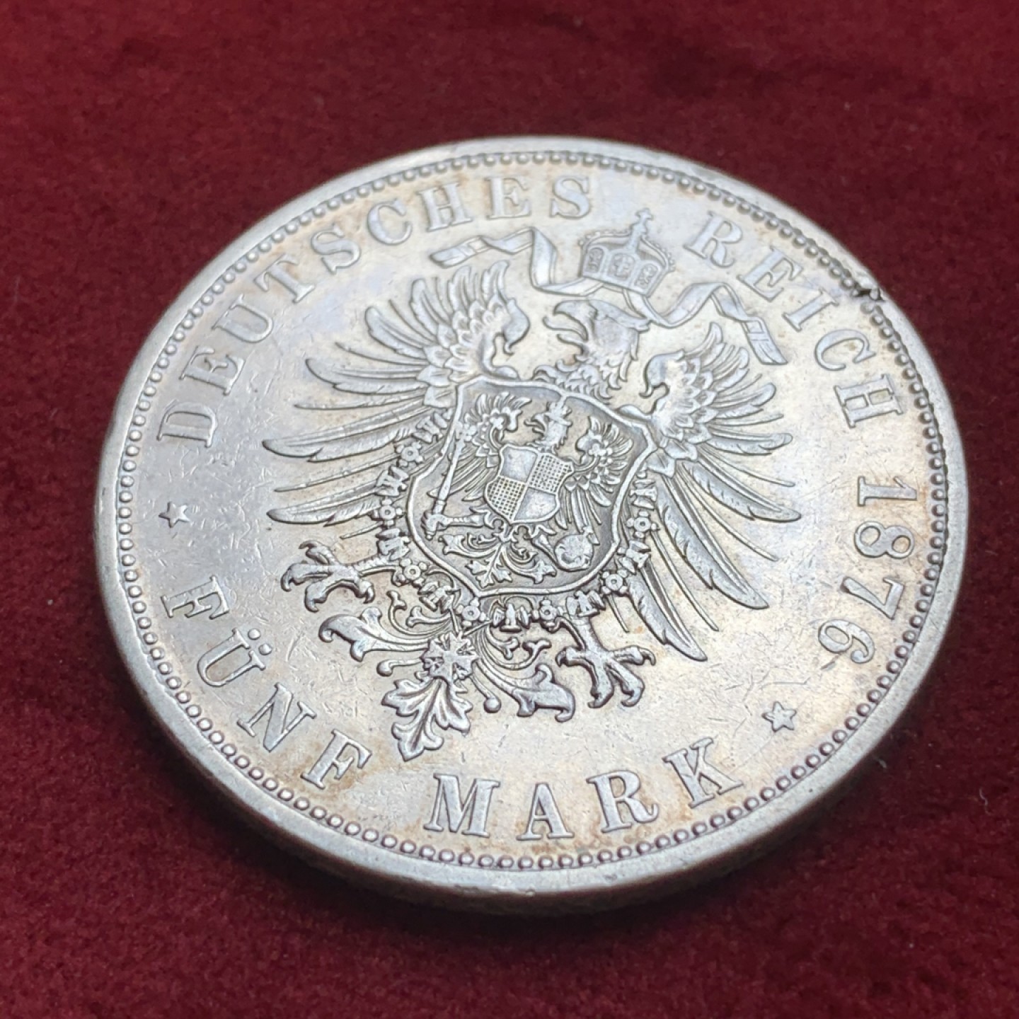 《竞宝斋》第85场-本周日，周一2场连拍（全场不限金额包邮） 德国 1876年 普鲁士威廉一世5马克银币 C法兰克福厂 C厂那枚少见书价高 细节清晰