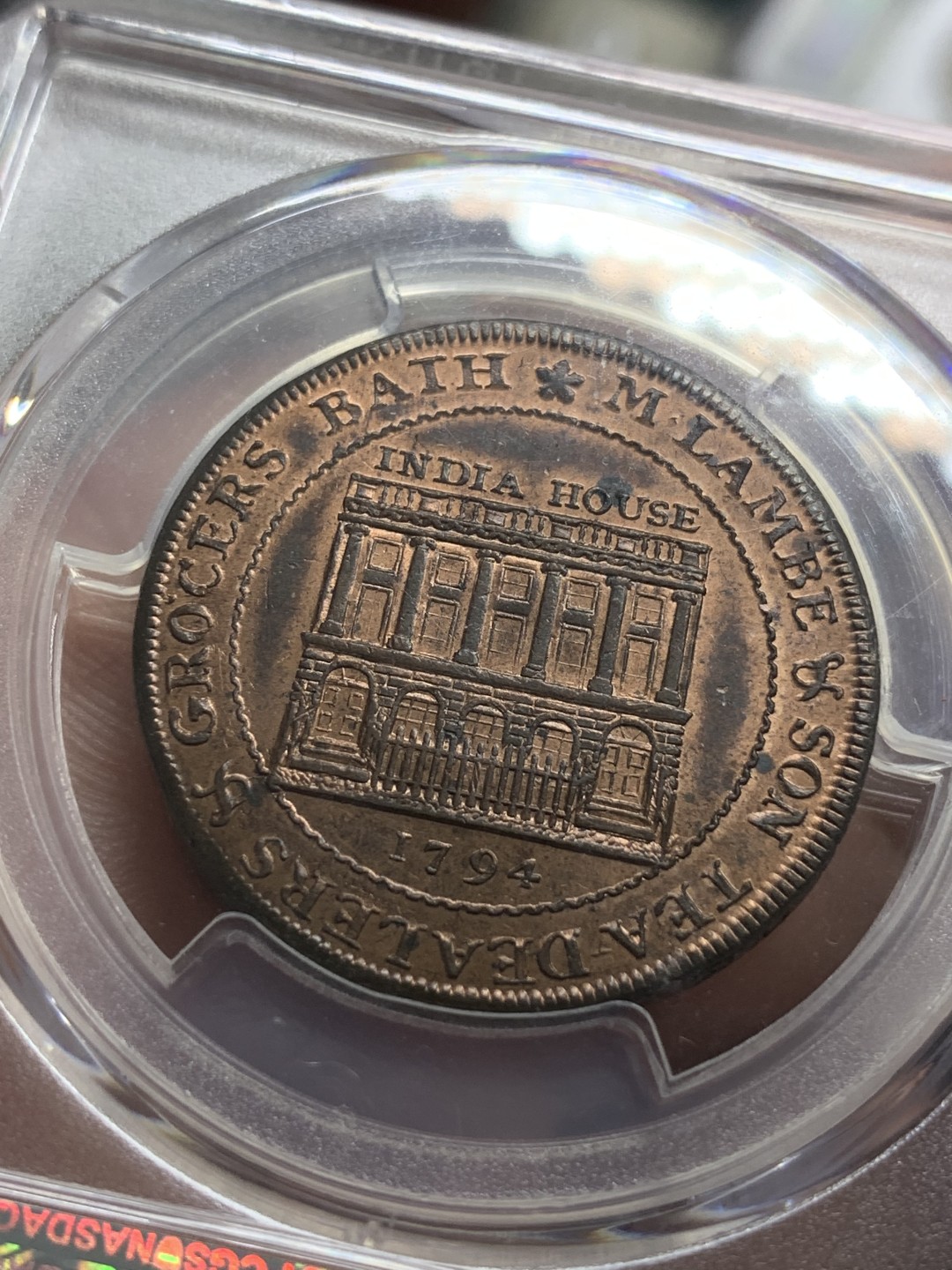 《竞宝斋》第85场-本周日，周一2场连拍（全场不限金额包邮） PCGS-MS64RB 1794 英国萨默塞特郡.巴斯1便士代币   金红棕色包浆