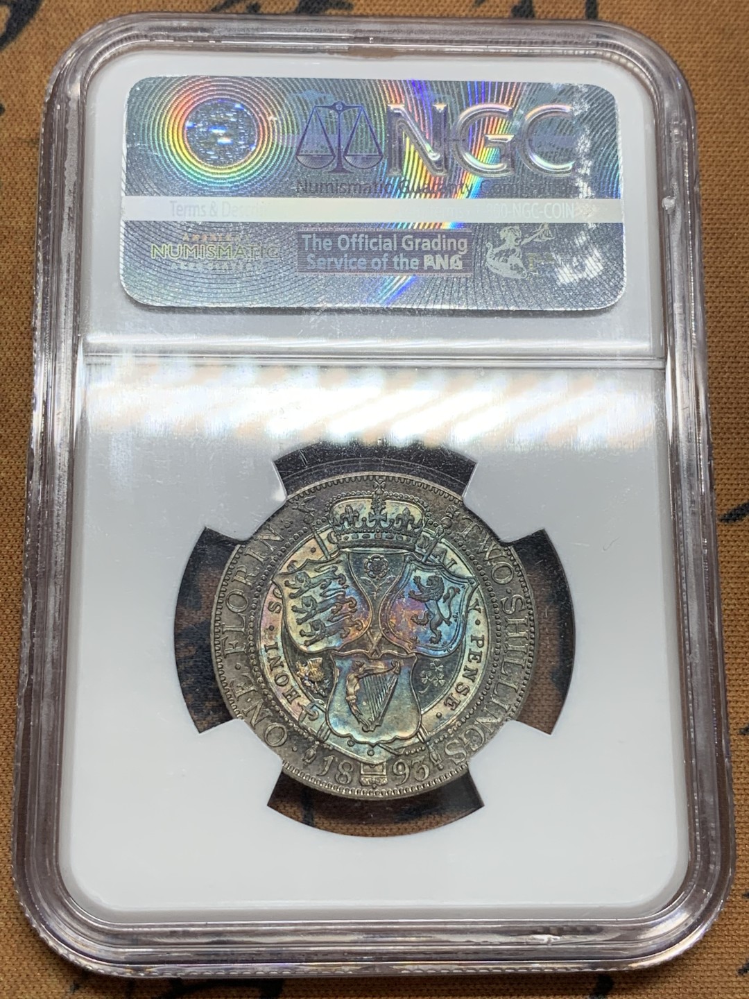 《竞宝斋》第85场-本周日，周一2场连拍（全场不限金额包邮） NGC-PF64 CAMEO 英国1893年 精制维多利亚弗洛林 正面凝霜，背面幻彩