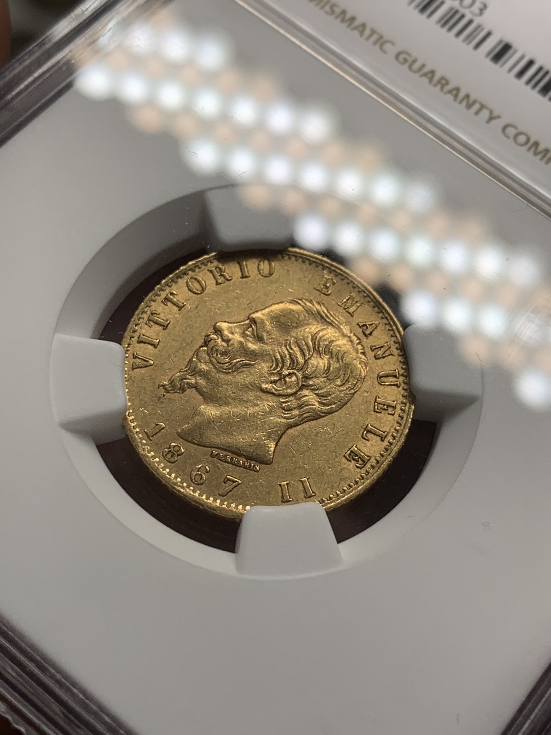 《竞宝斋》第85场-本周日，周一2场连拍（全场不限金额包邮） NGC-AU58 意大利 1867年 艾曼纽尔二世 20里拉金币 原光好品 少见品种 