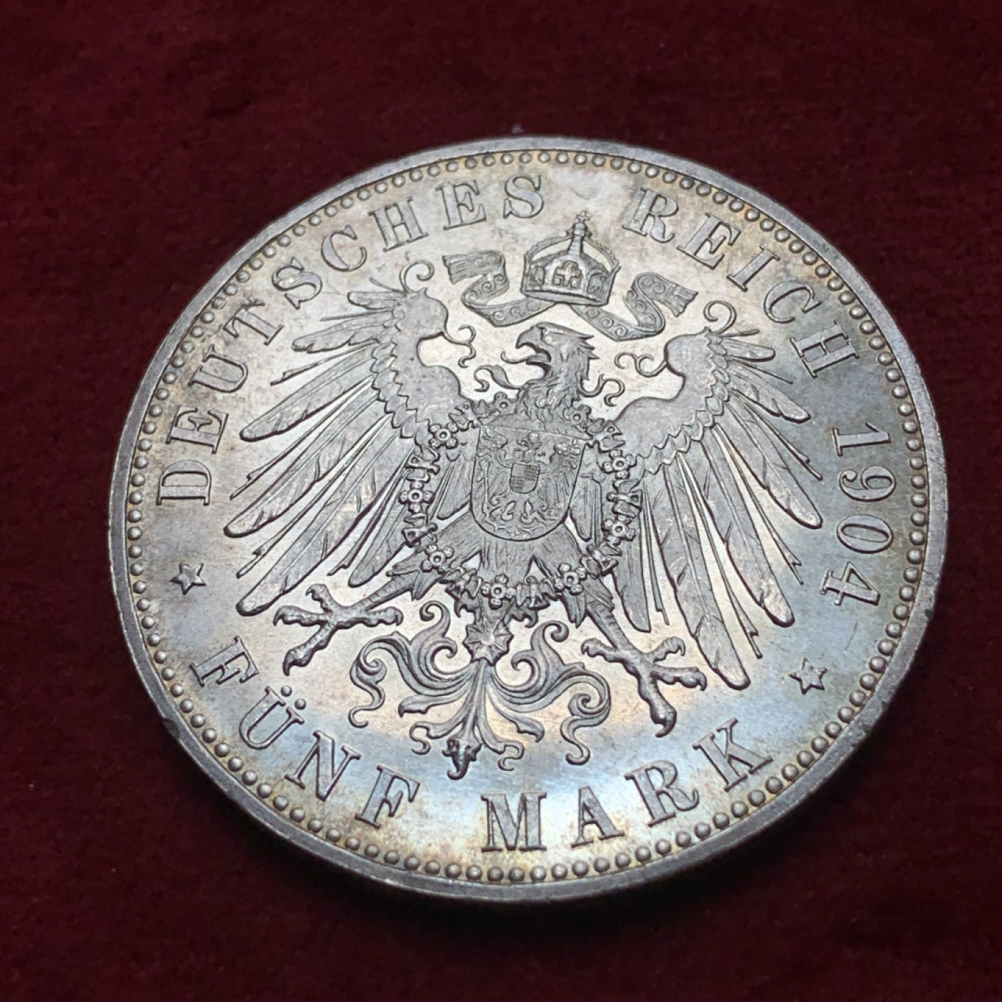 《竞宝斋》第85场-本周日，周一2场连拍（全场不限金额包邮） 德国黑森 1904年 达姆施塔特 双人头5马克大银币 原光好品可以自己送评 洗爆的裸币也要1600