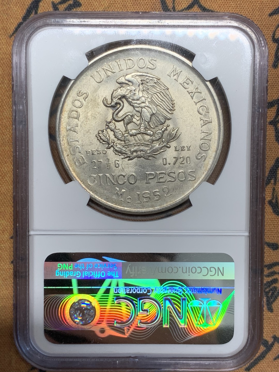 《竞宝斋》第85场-本周日，周一2场连拍（全场不限金额包邮） NGC-UNC  墨西哥 1952年 伊达尔戈 5比索银币 