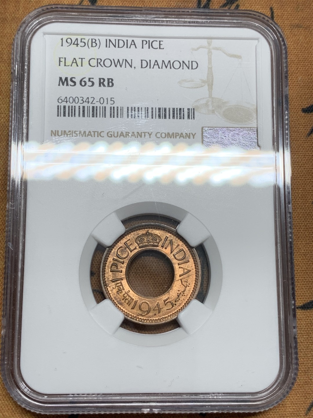 《竞宝斋》第85场-本周日，周一2场连拍（全场不限金额包邮） NGC MS65RB 英属印度1945年孟买厂1派沙铜币