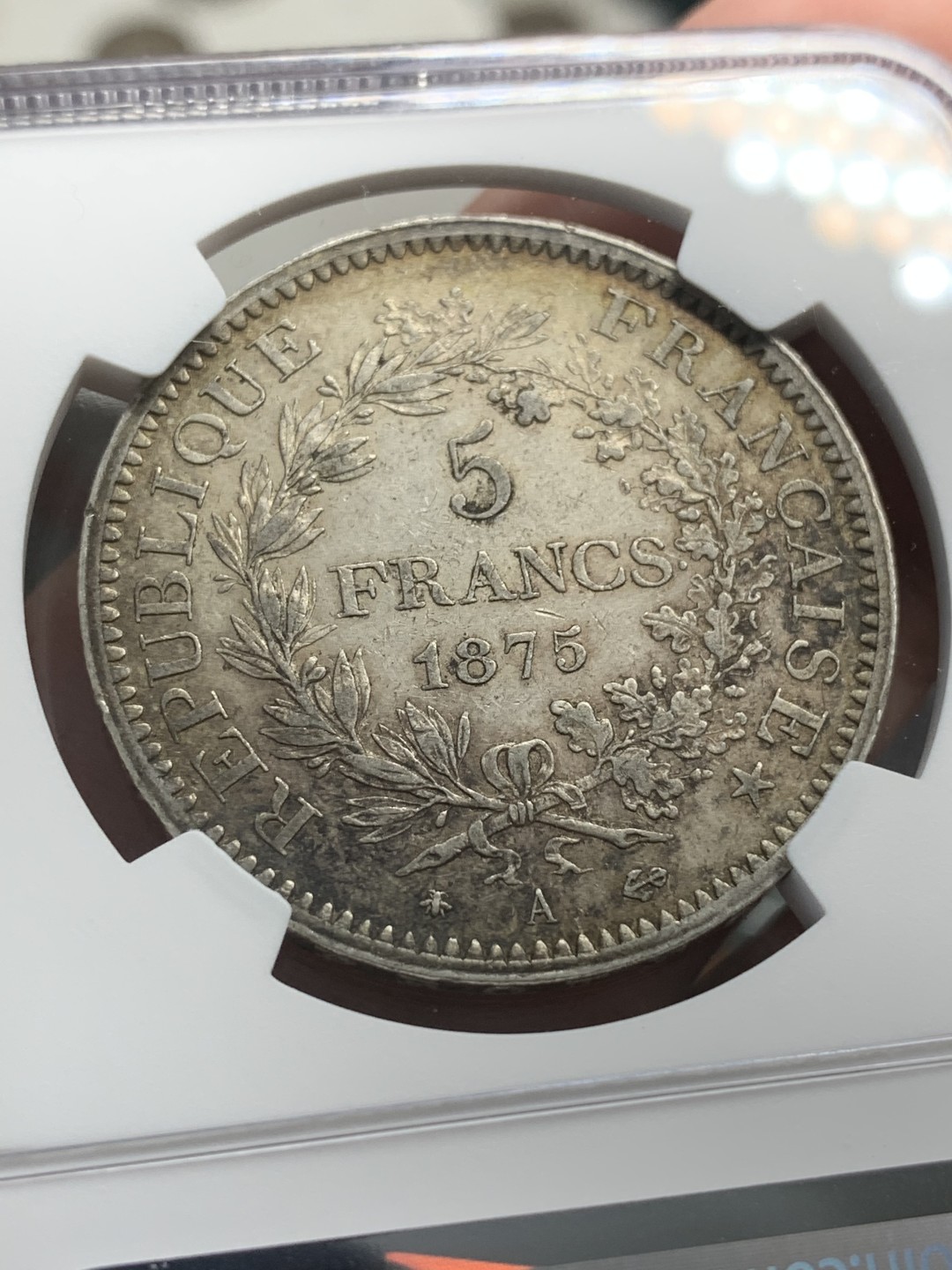 《竞宝斋》第85场-本周日，周一2场连拍（全场不限金额包邮） NGC-AU58 法国1875-A年 大A版 大力神5法郎银币 原味好品 年份也不错