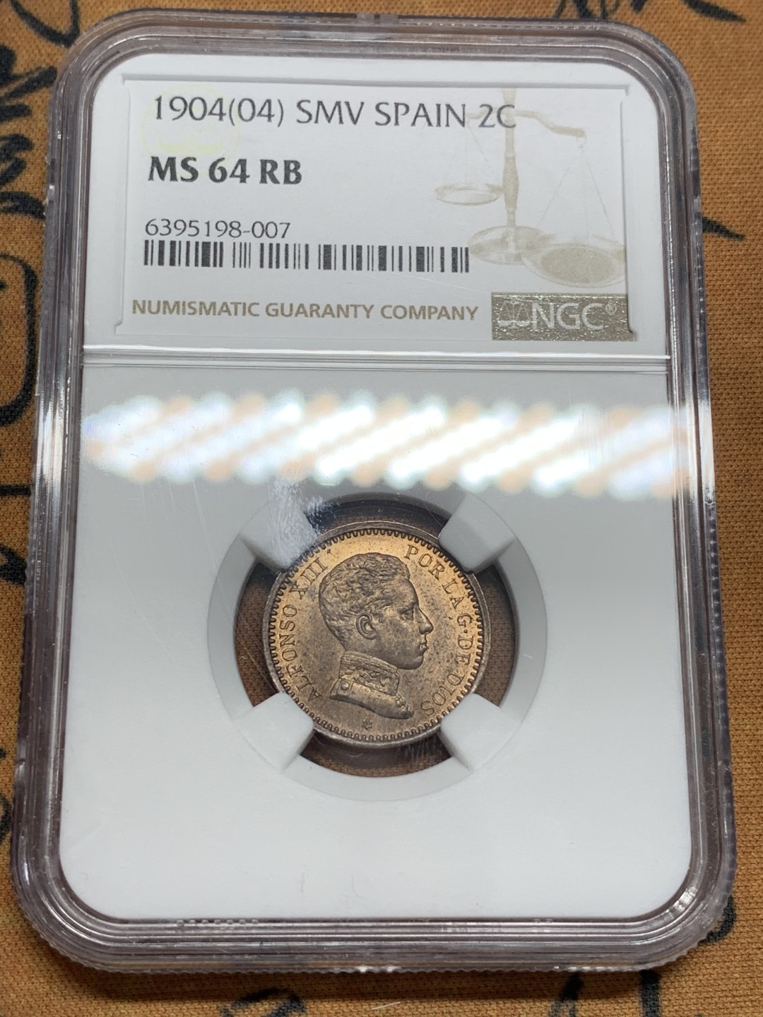 《竞宝斋》第85场-本周日，周一2场连拍（全场不限金额包邮） NGC-MS64 西班牙1904年 阿方索十三世 2分铜币 顶级分数 再高分的也就个位数了