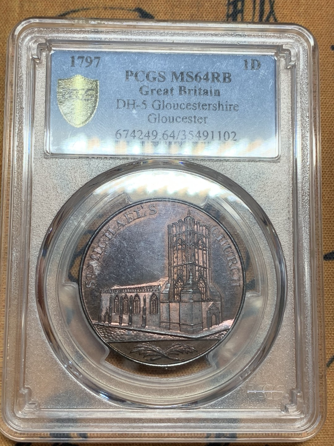 《竞宝斋》第85场-本周日，周一2场连拍（全场不限金额包邮） PCGS-MS64RB 英国 1797年 格格洛特郡 1便士代币 红棕色包浆