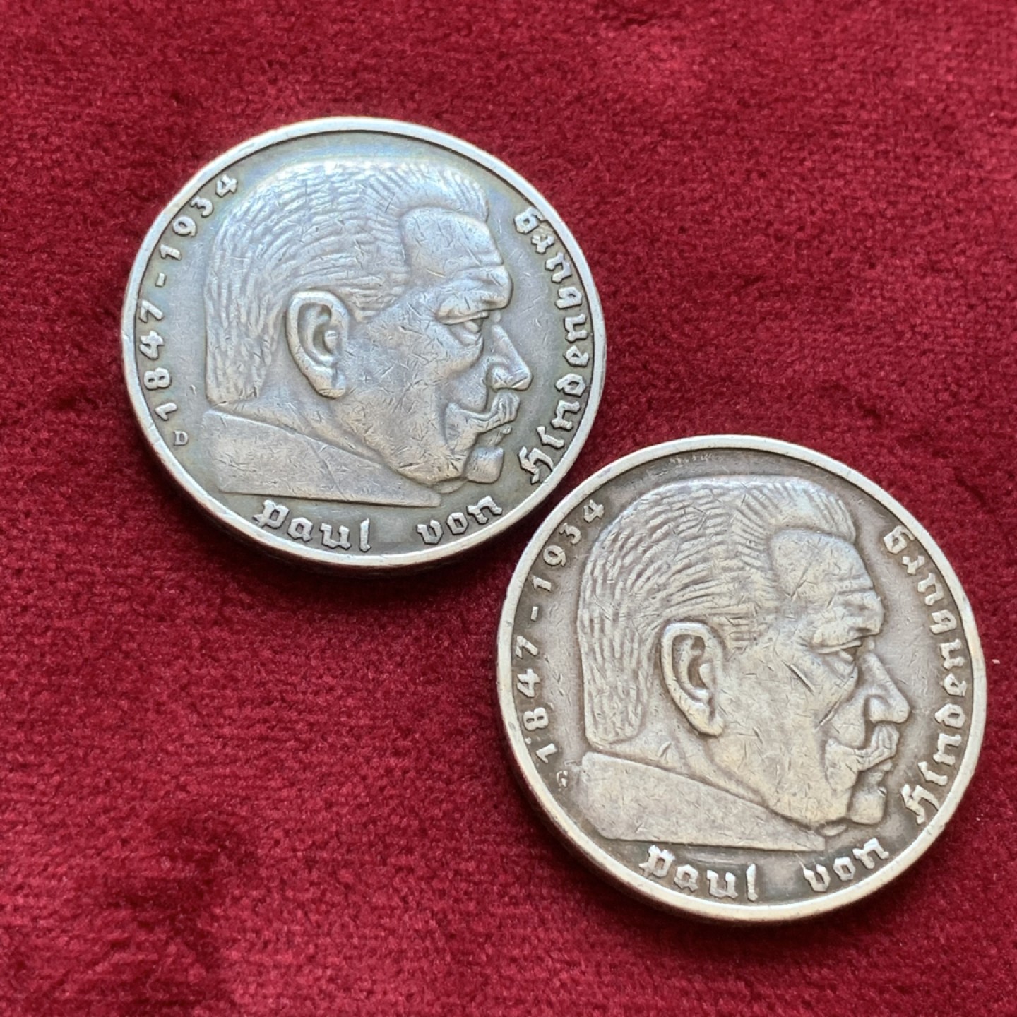 《竞宝斋》第85场-本周日，周一2场连拍（全场不限金额包邮） 德国兴登堡5马克2枚 1935-G 1936-D两枚不同版一对